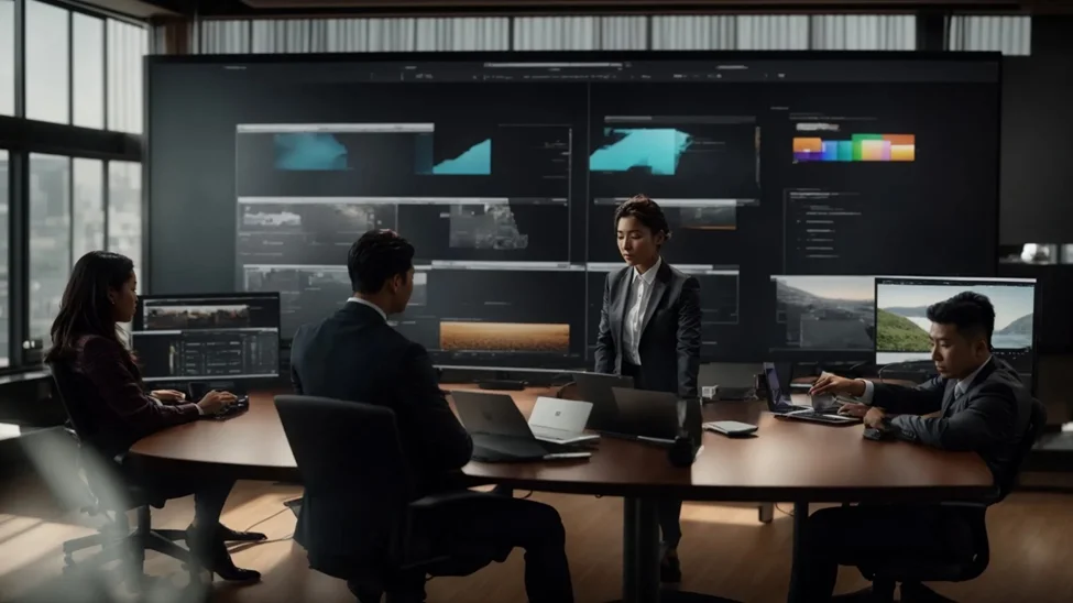 Four executives at a meeting discussing a proposal produced by proposal software