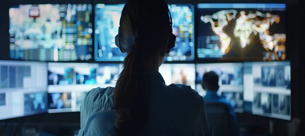A technology analyst sits in front of multiple digital screens displaying global maps and live data to illustrate what is enterprise search and its role in improving information access for large organizations.