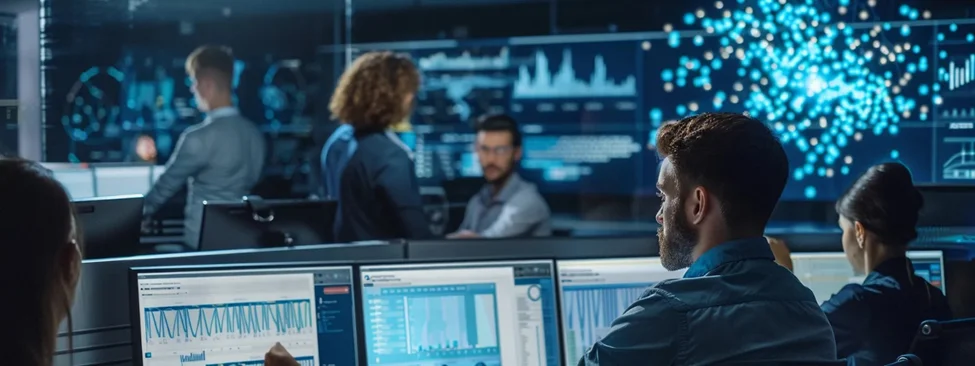 A team of experts analyzes data charts and AI-powered visualizations on computer monitors, demonstrating what is enterprise search with a focus on AI and machine learning advancements.