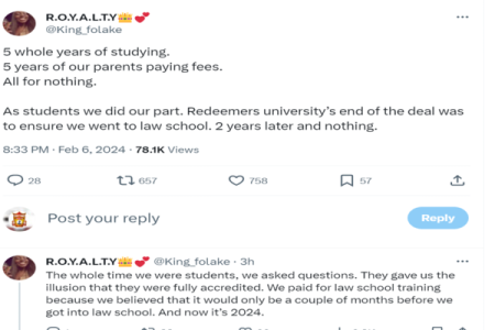 Redeemers University Faces Backlash from Nigerians, Including Law Graduate King Folake, Over False Law Accreditation Claim