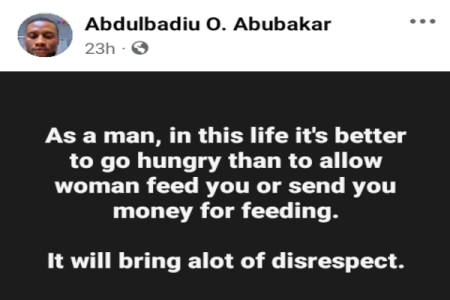 "Better to Starve Than Accept Help from a Woman," Says Nigerian Man in Viral Post