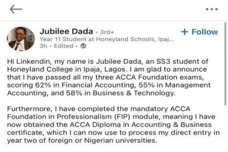 SS3 Student Jubilee Dada’s LinkedIn Profile Goes Viral for Career Achievements