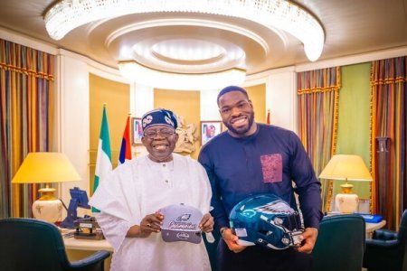 Tinubu Welcomes NFL Super Bowl Champion Morotoluwa Ojomo to Aso Rock