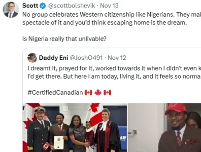 U.S. Economist Mocks Nigerian's Celebration of Canadian Citizenship, Questions if Nigeria is "Unlivable"
