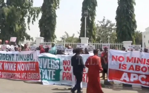Protesters March on APC Secretariat, Demand Tinubu Sack Minister Wike