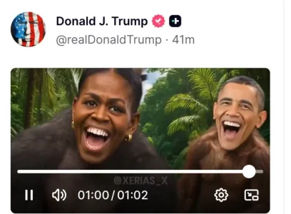 US President Trump Posts Video Depicting Barack and Michelle Obama as AI-Generated Monkeys