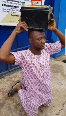 [PHOTOS] Ex-convict Punished Like a Wayward Kid After Selling N28,000 Stolen Car Battery for N2,000