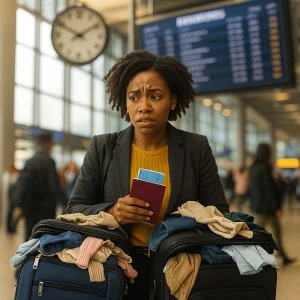 Overpacked and Anxious: Nigerian Traveller Waiting at Airport