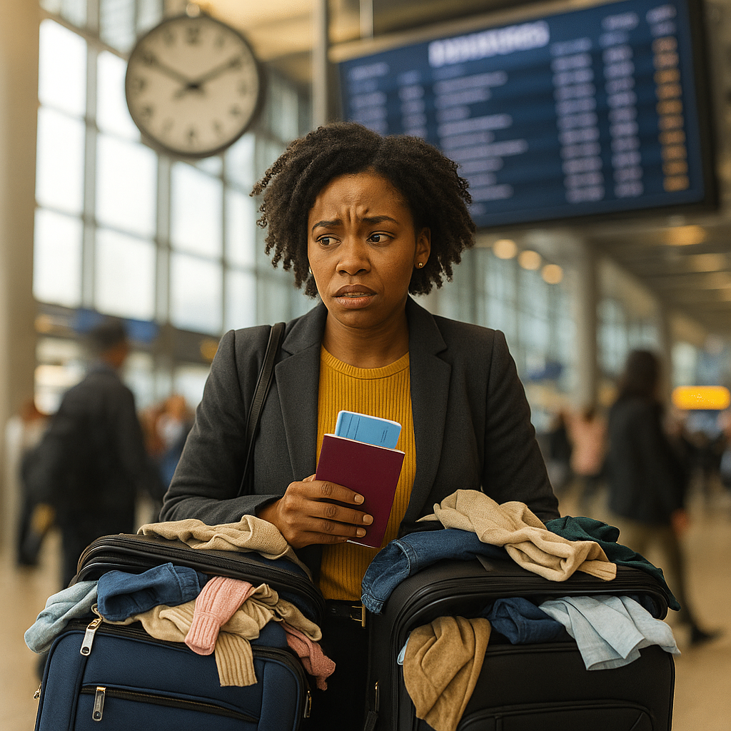 Overpacked and Anxious: Nigerian Traveller Waiting at Airport